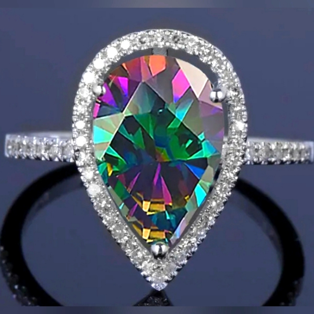 4.00 CTTW Lab Created  Rainbow Mystic Topaz Pear Cut Sterling Silver Ring